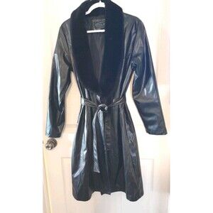 Vintage Paris Blues Women’s Medium Faux Black Leather Trench Coat Tie/Faux Fur